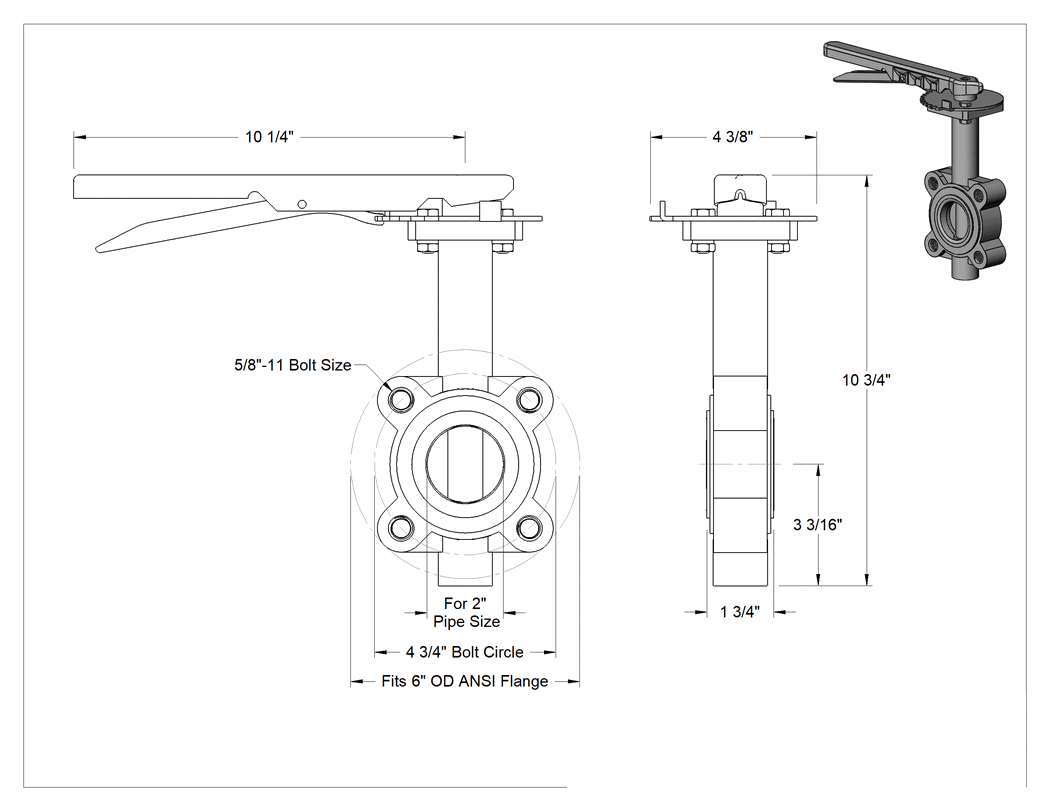 Teknik Çizim - Sfero Döküm Flanş Montajlı Akış Ayar Valfi, Hava için Lug Valfi, 2 Boru Boyutu, 10°F ila 180 Derece F