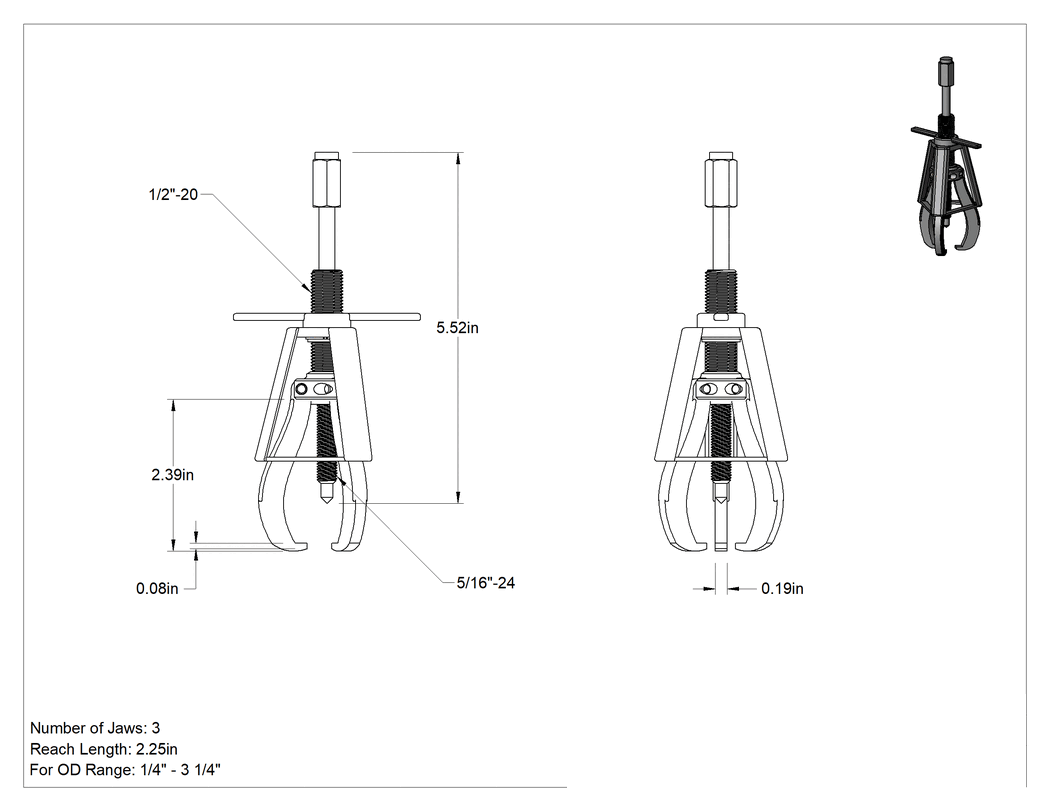 Teknik Çizim - Quick-Hold Dış Kavrama Dişli ve Yatak Çekici, Bir Ucunda Uçlu 3 Çene, Kafes Kontrolü, 1/4" ila 3-1/4" Dış Çap