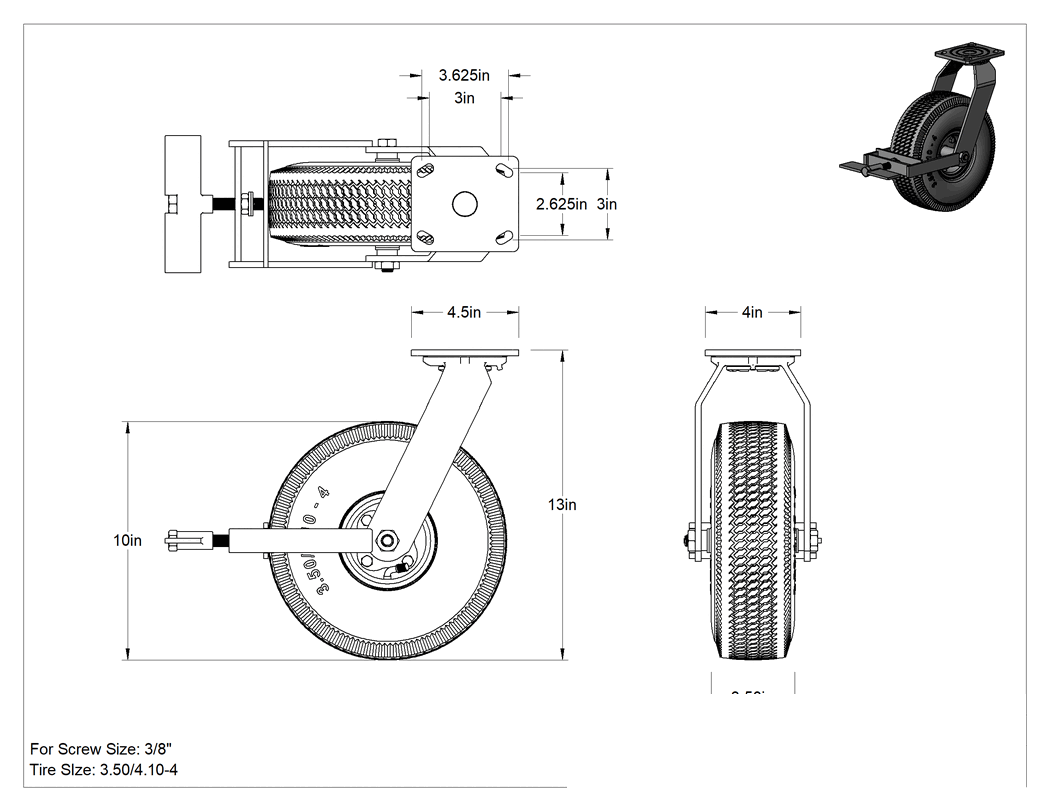 Teknik Çizim - 4-1/2" x 4" Plakalı Tekerlek, Frenli ve 10 inç Çapında Gri Kauçuk Pnömatik Tekerlekli Döner Tekerlek