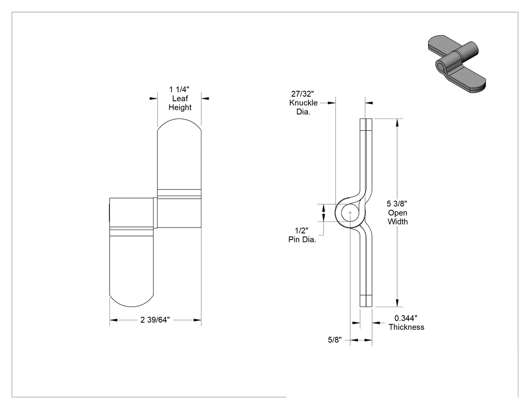 Teknik Çizim - Delikli Olmayan Kaldırma Menteşesi, Çinko Kaplı Düşük Karbonlu Çelik, 1-1/4" x 2-11/16" Kapı Kanadı