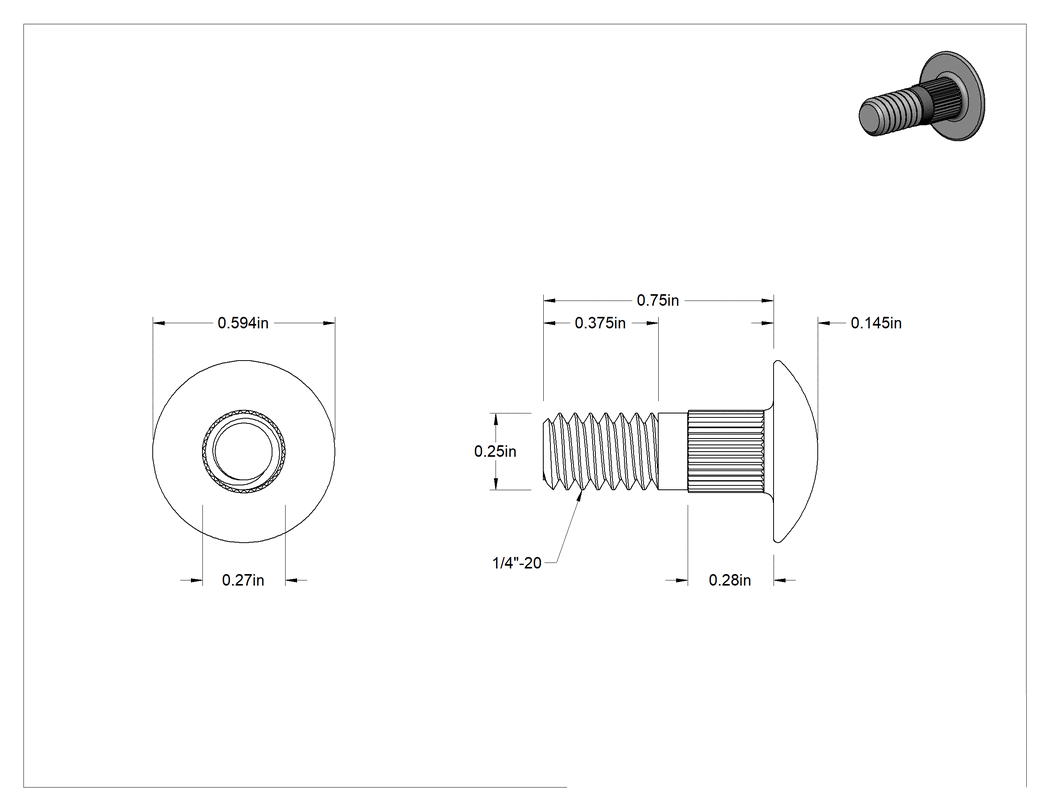 Teknik Çizim - Çelik Tırtıllı Boyunlu Taşıma Cıvataları, Orta Mukavemetli, Sınıf 5, 1/4"-20 Diş Boyutu, 3/4" Uzunluk