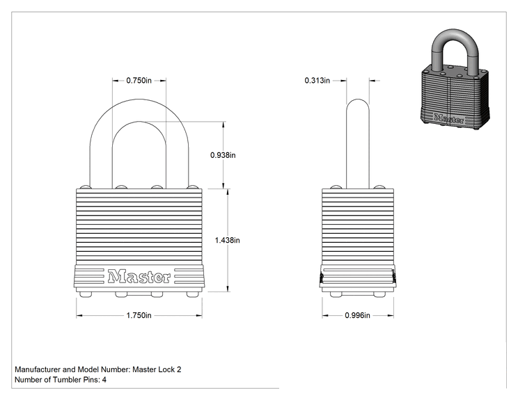 Teknik Çizim - Lamine Pirinç Gövdeli Hava Koşullarına Dayanıklı Asma Kilit, Master Lock 2, 15/16 inç dikey mapa açıklığına sahip