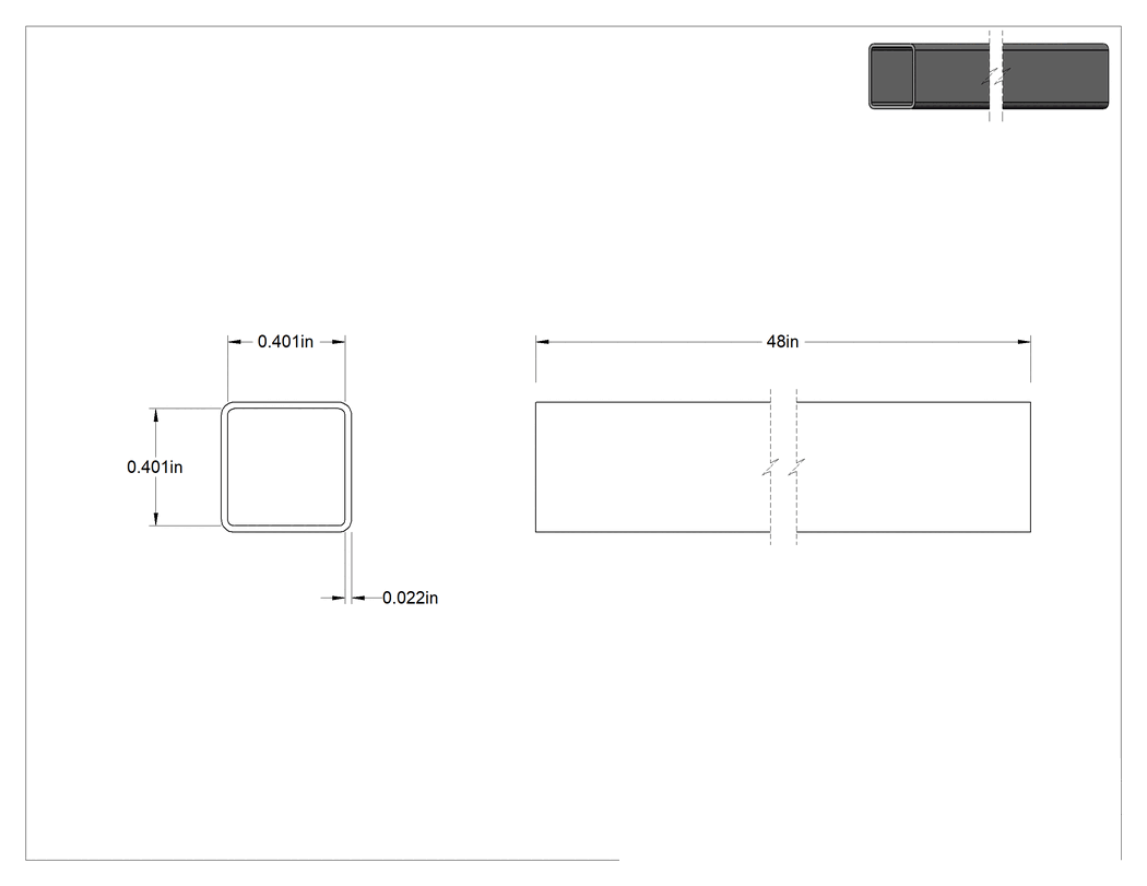 Teknik Çizim - Kare Kesimli Nakliye Tüpü, 0.4 inç x 0.4 inç x 48 inç İç Boyut