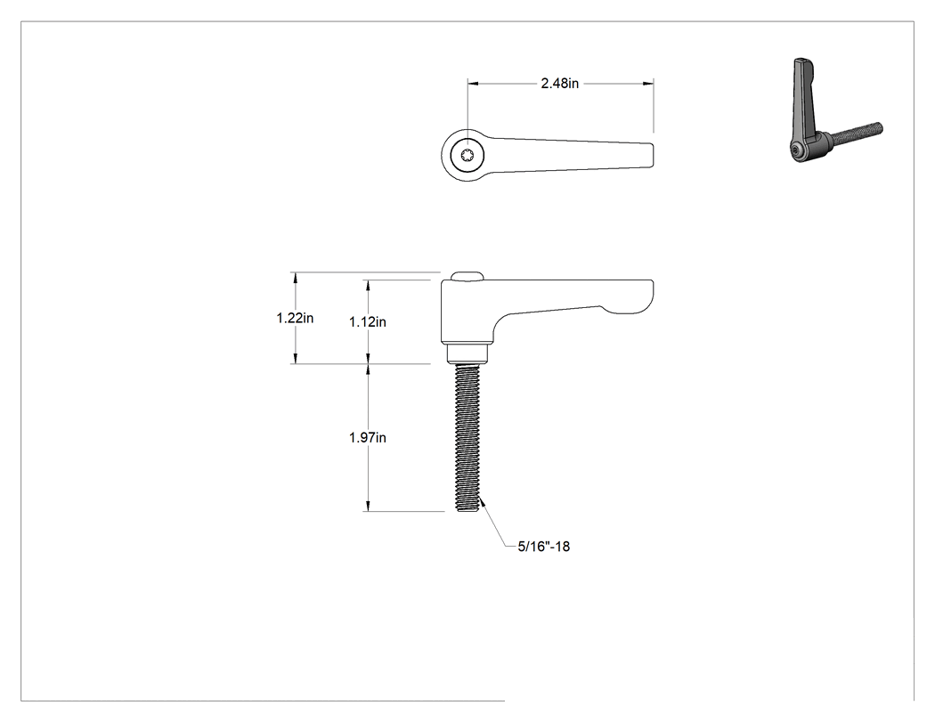 Teknik Çizim - Düşük Profilli Ayarlanabilir Tutamak, 5/16"-18 Dişli 1-15/16" Uzunluğunda Saplamalı, Siyah Çinko