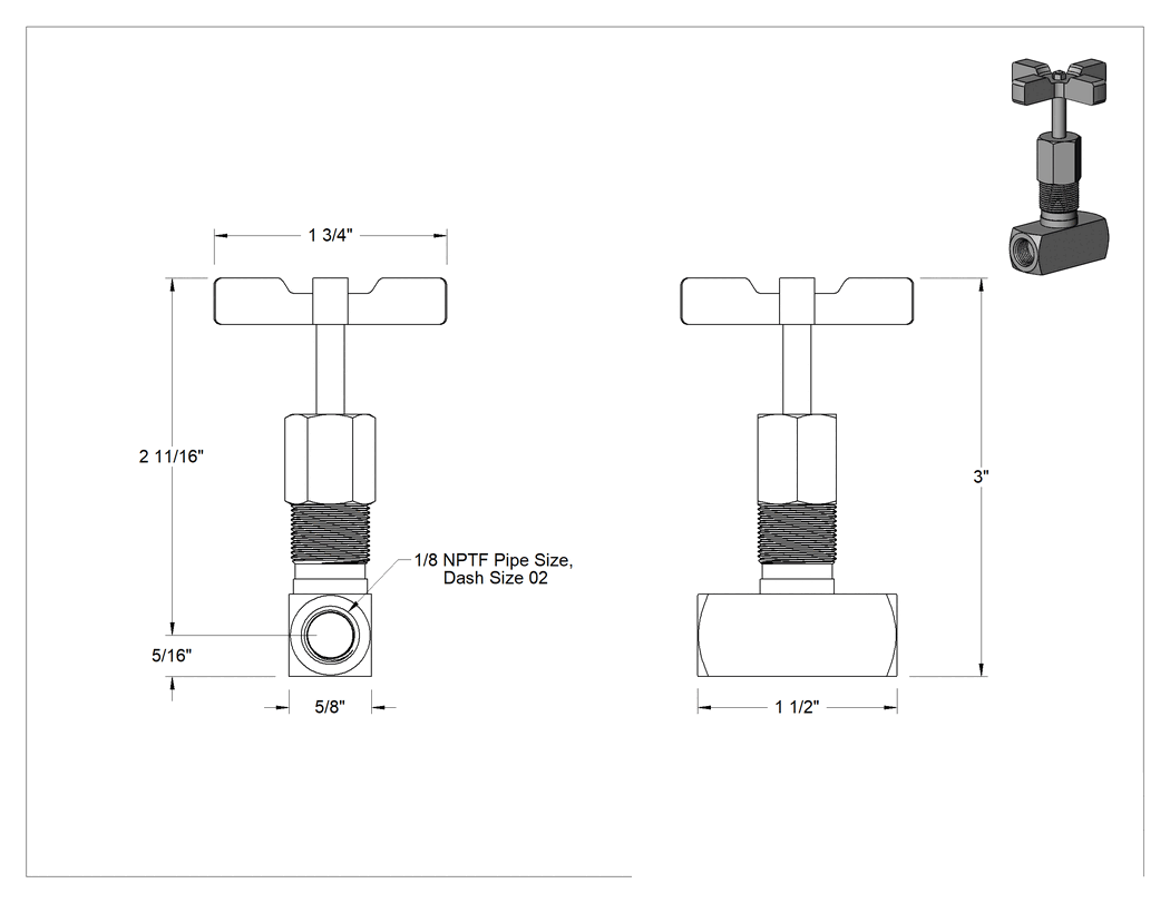 Teknik Çizim - Akış Ayarlı Hat Üstü Hidrolik Vana, Hassas, Çelik, 1/8 NPTF Dişi Giriş/Çıkış