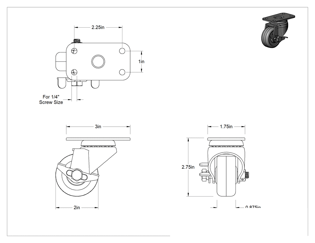 Teknik Çizim - 3" x 1-3/4" Plakalı Mighty-Lite Tekerlek, Frenli ve 2" Çaplı 70A Durometre Kauçuk Tekerlekli Döner