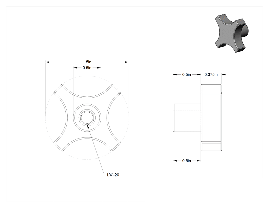 Teknik Çizim - Siyah Oksit Çelik Dört Kollu Topuz, 1/4"-20 Dişli Delikli