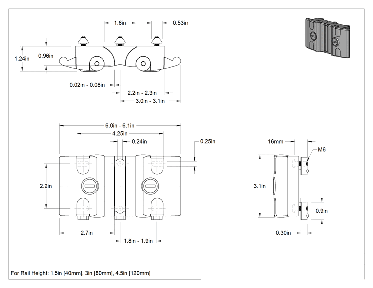 Teknik Çizim - T-Yivli Çerçeve, İtmeli Kilit, Çift Kapı, 1.5 inç ve 40 mm Ray için