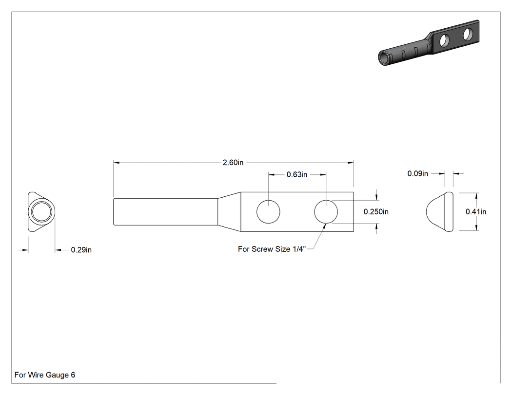 Teknik Çizim - Kalay Kaplı Bakır Sıkıştırma Pabucu, 2 Delikli, Çift Sıkma, 6 AWG ve 1/4" Vida Boyutu için