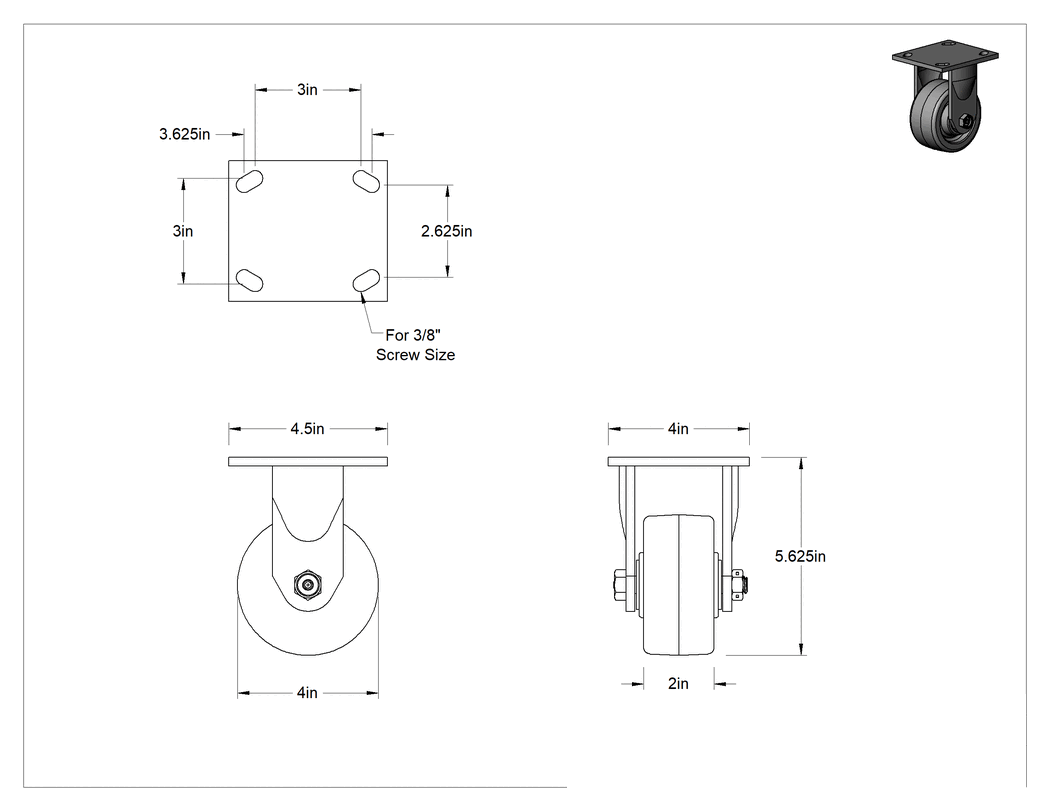 Teknik Çizim - 4-1/2" x 4" Plakalı Yüksek Kapasiteli Spartan Tekerlek, 4 inç Çapında Korumalı Rulmanlı Fenolik Tekerlekli Sert