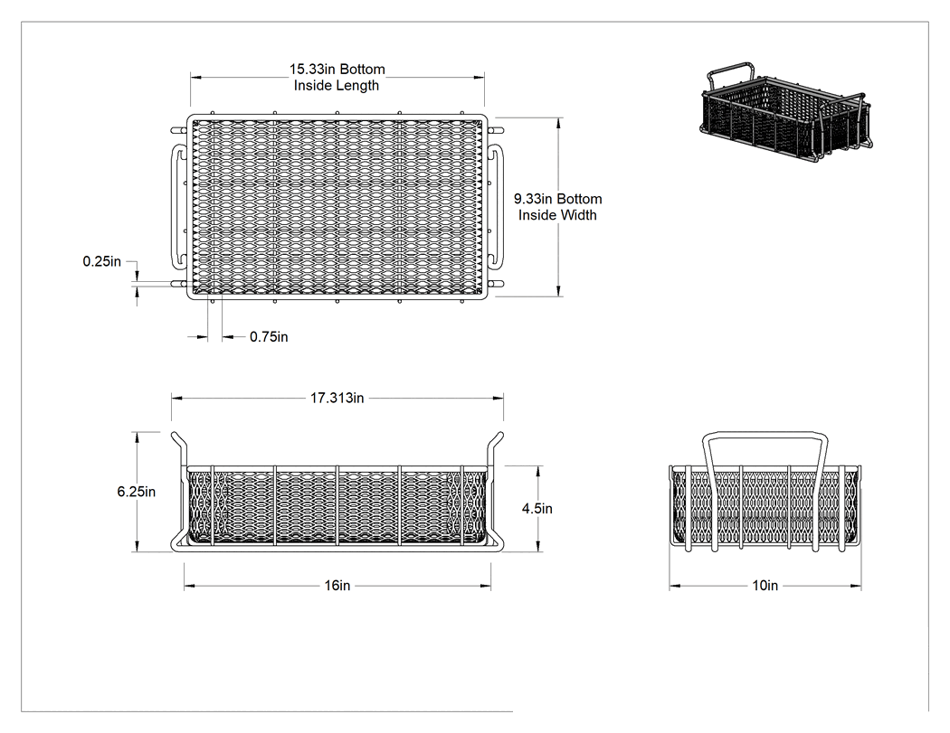Teknik Çizim - Paslanmaz Çelik Taşıma Sepeti, 16" Uzunluk, 10" Genişlik, 4.5 inç Yükseklik, 3/4" Uzunluğunda Alt Açıklıklı