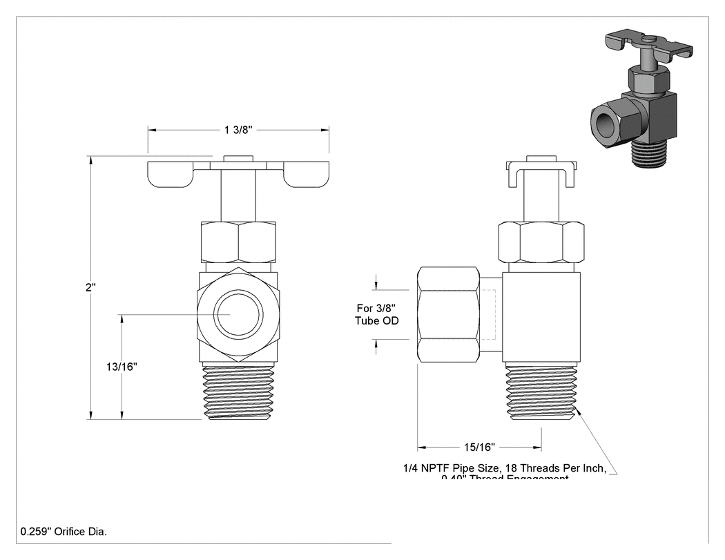 Teknik Çizim - Hassas Akış Ayar Valfi, 1/4 NPTF Erkek x Sıkıştırmalı Dişi, 3/8" Boru Dış Çapı için