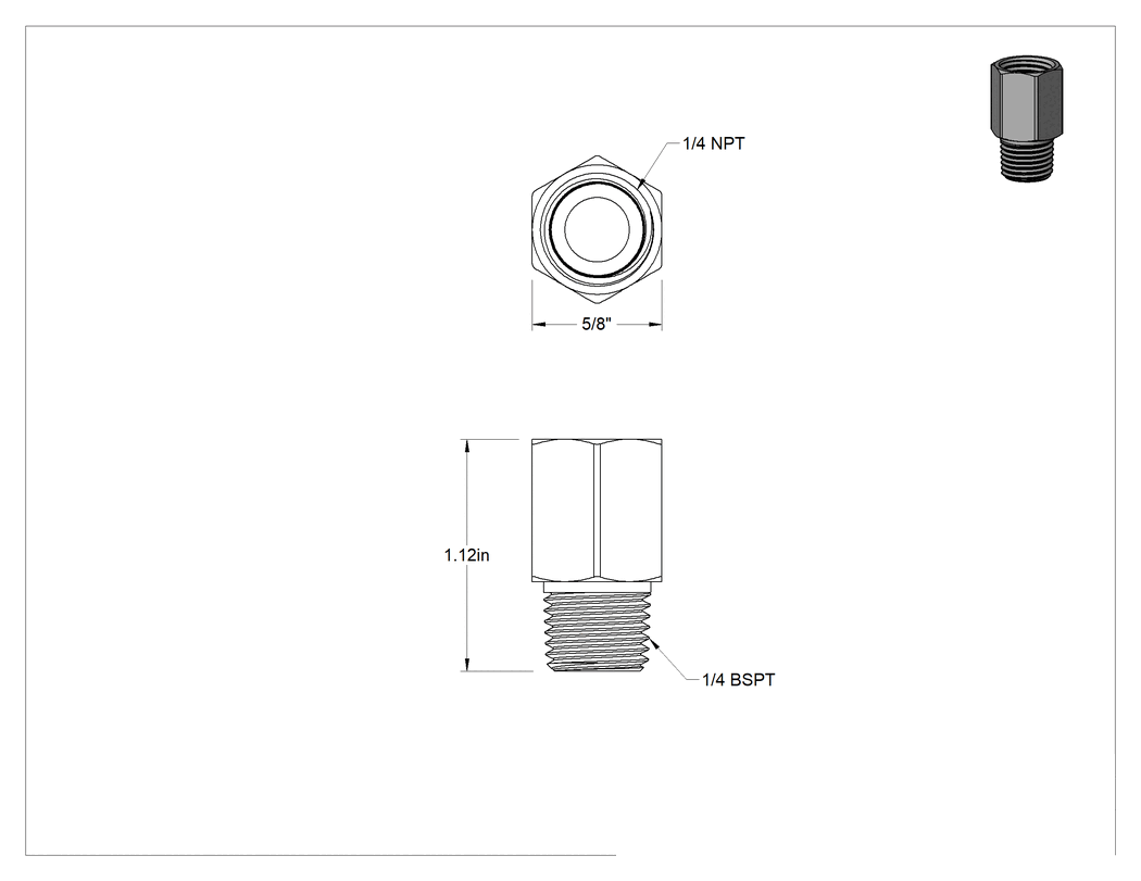 Teknik Çizim - Orta Basınçlı Pirinç Dişli Boru Bağlantı Elemanı, Düz Adaptör, 1/4 NPT Dişi x 1/4 BSPT Erkek