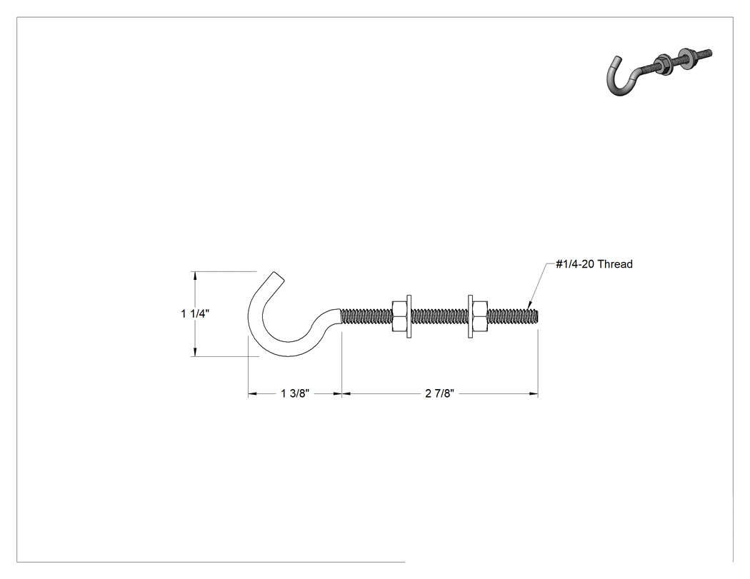 Teknik Çizim - 2 Altıköşe Somun ve Pul ile Vidalı Asma Kancaları, Duvar ve Alt Montaj, 0.21" Tel Çapı, 1-3/8" Çıkıntı
