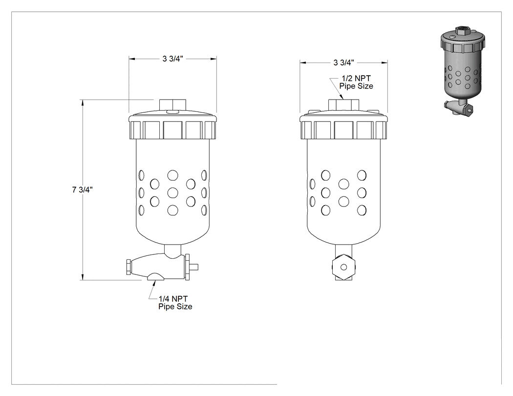 Teknik Çizim - Şamandıralı Basınçlı Hava Tahliye Vanası, Kolay Temizlenir, 1/2 NPT Giriş, 1/4 NPT Çıkış
