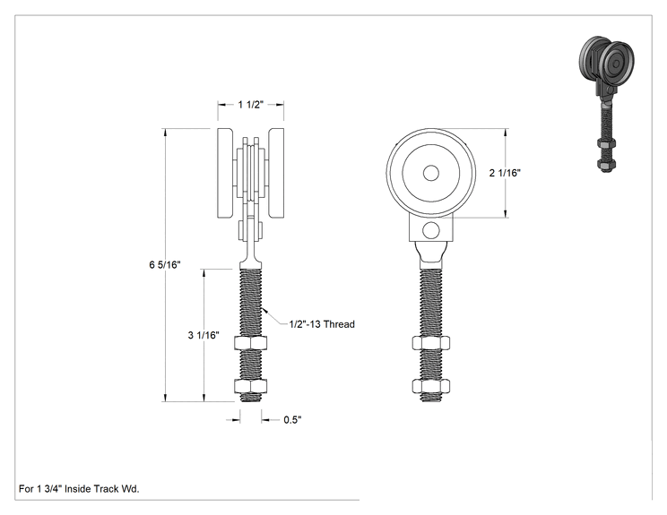 Teknik Çizim - Çinko Kaplı Çelik Makaralı Ray Askısı, 1-3/4" İç Ray Genişliği için Cıvatalı, 6-5/16" Yükseklik