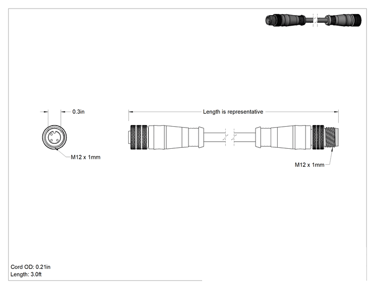 Teknik Çizim - 3 Kutuplu Mikro M12 Kablo, 3' Uzunluk, 0.21" Dış Çap