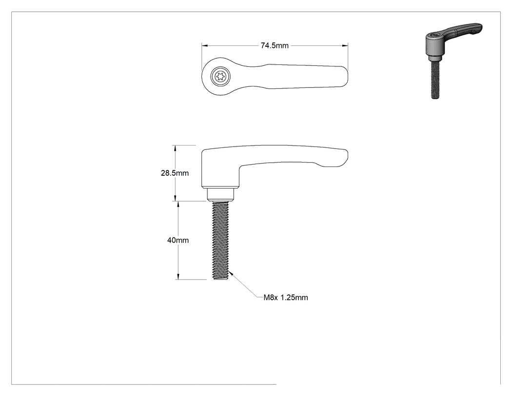 Teknik Çizim - Düşük Profilli Ayarlanabilir Tutamak, M8 x 1.25 mm Dişli 40 mm Uzunlukta Saplama, Siyah Çinko