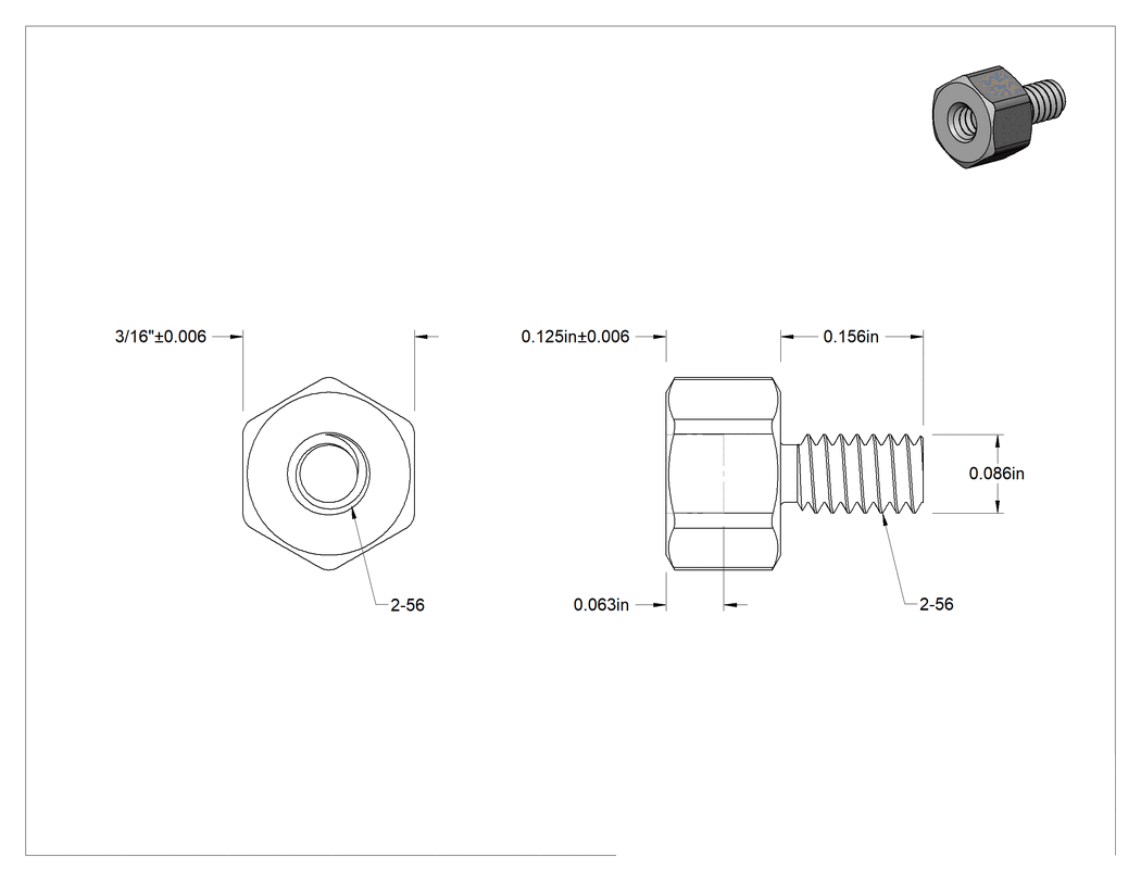Teknik Çizim - Erkek-Dişi Dişli Altıgen Ara Parça, 18-8 Paslanmaz Çelik, 3/16" Altıgen, 1/8" Uzunluk, 2-56 ila 2-56 Diş