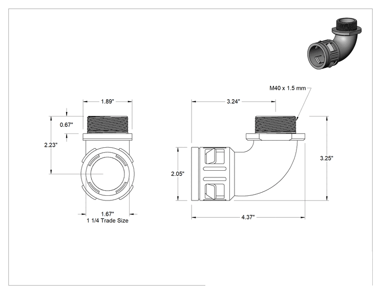 Teknik Çizim - Esnek Plastik Kanal için Bağlantı Parçası, Uzun 90 Derece Dirsek, 1-1/4 Anma Ölçüsünde Dişi x M40 Erkek
