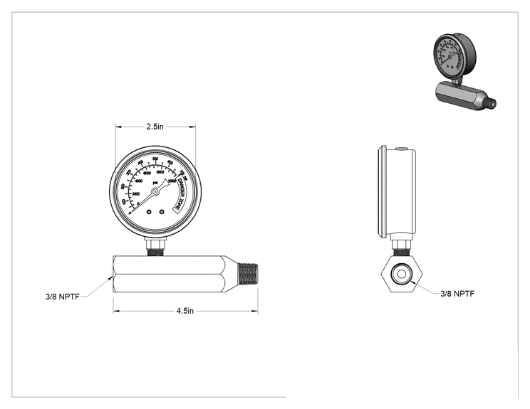 Teknik Çizim - Gösterge, 3/8 NPTF Dişi ve Erkek, 2-1/2" Çap