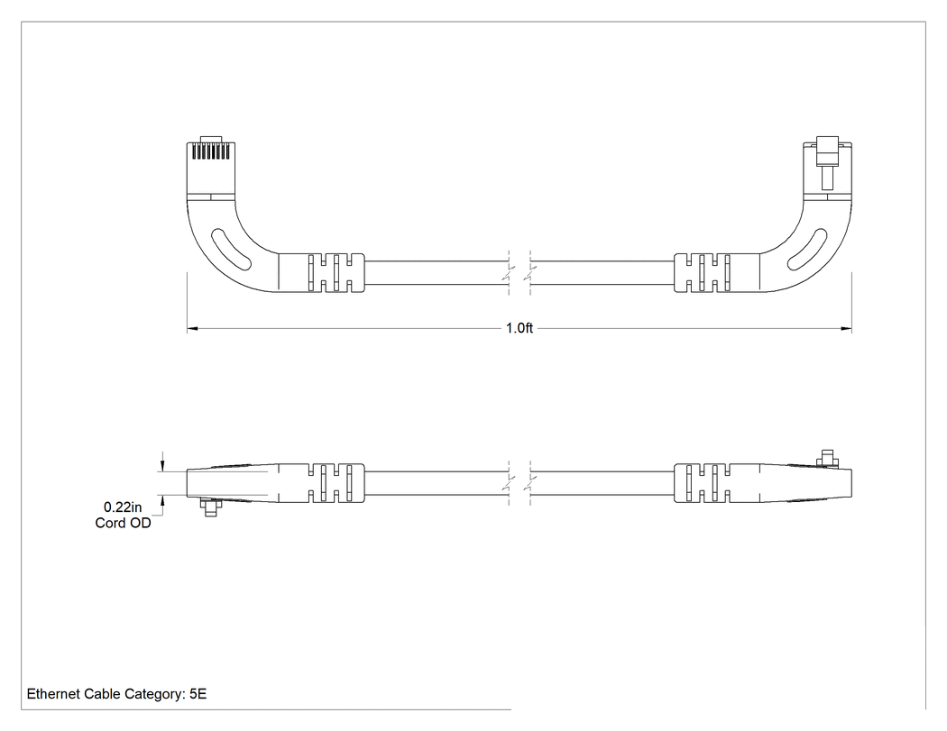 Teknik Çizim - Kategori 5E Ekranlı Ethernet Kablosu, 90 Derece Dirsek x 90 Derece Dirsek, 1 Fit Uzunluğunda