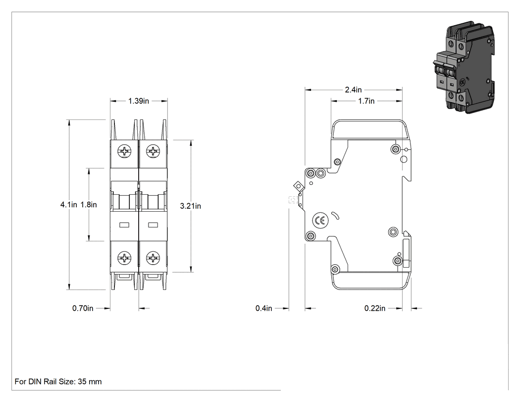 Teknik Çizim - DIN Rayı Montajlı Dal Devre Kesici, C Tetikleyici, 2 Kutuplu Toggle, 10A, 277V AC/480Yv AC/96V DC