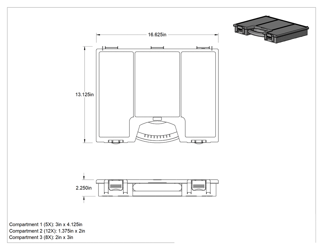 Teknik Çizim - Kulplu ve Çıkarılabilir Kutu Bölmeli Kutu, 25 Bölme, 16-3/4" x 13-1/4" x 2" Toplam Boyut