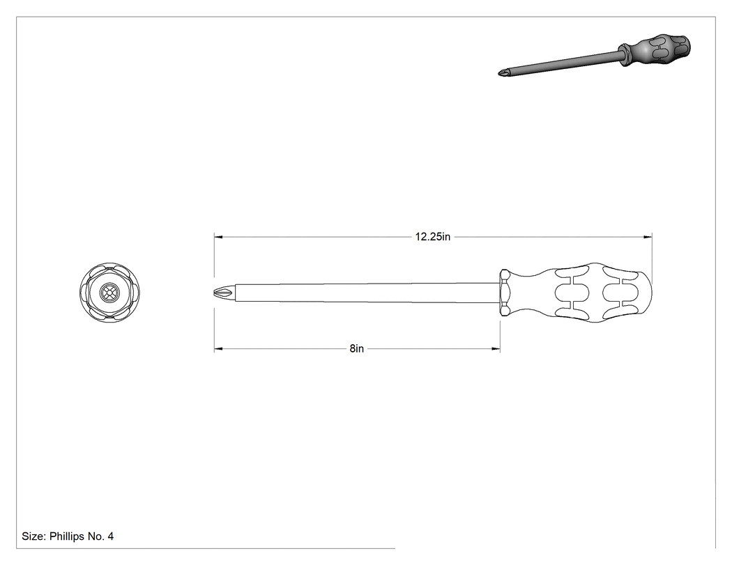 Teknik Çizim - Elektrik Yalıtımlı Tornavida, Numara 4 Phillips, 8" Uzunluk x 15/32" Genişlik Mil