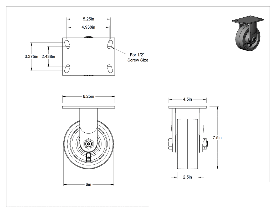 Teknik Çizim - 6-1/4" x 4-1/2" Plakalı Viking Tekerlek, Frenli ve 6 inç Çapında Poliüretan Tekerlekli Sabit, 6 inç Çapında Poliüretan Tekerlekli Sert