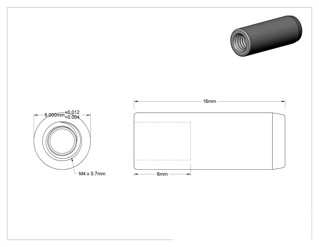 Teknik Çizim - Çıkarılabilir Pim, 1050-1095 Yay Çeliği, 6 mm Çap, 16 mm Uzunluk