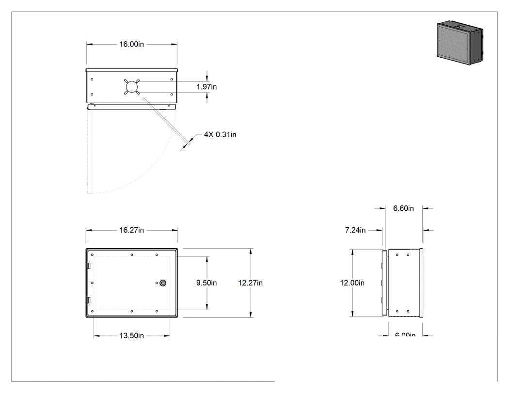 Teknik Çizim - Konumlandırma Kolları için Su Geçirmez Muhafaza, 12 inç Yükseklik x 16 inç Genişlik x 7-1/2 inç Derinlik