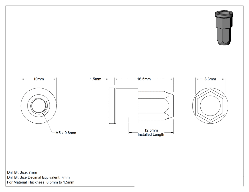 Teknik Çizim - Flanş Sızdırmaz Kapalı Uçlu Perçin Somunları, M5 x 0.8 mm Diş, 0.5 mm - 1.5 mm Malzeme Kalınlığı, Altıgen