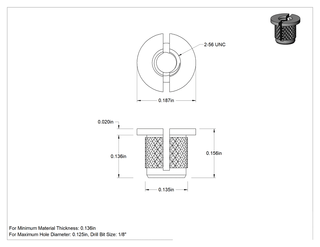 Teknik Çizim - 18-8 Paslanmaz Çelik Vidalı Genişletme Ekleri, Plastikteki Deliklerden Geçirmek için, 2-56 Diş Boyutu