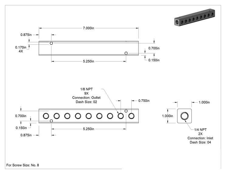 Teknik Çizim - Nikel Kaplı Alüminyum Dik Açılı Akış Manifoldu, Bir Tarafında 9 Çıkışlı, 1/4 NPT x 1/8 NPT