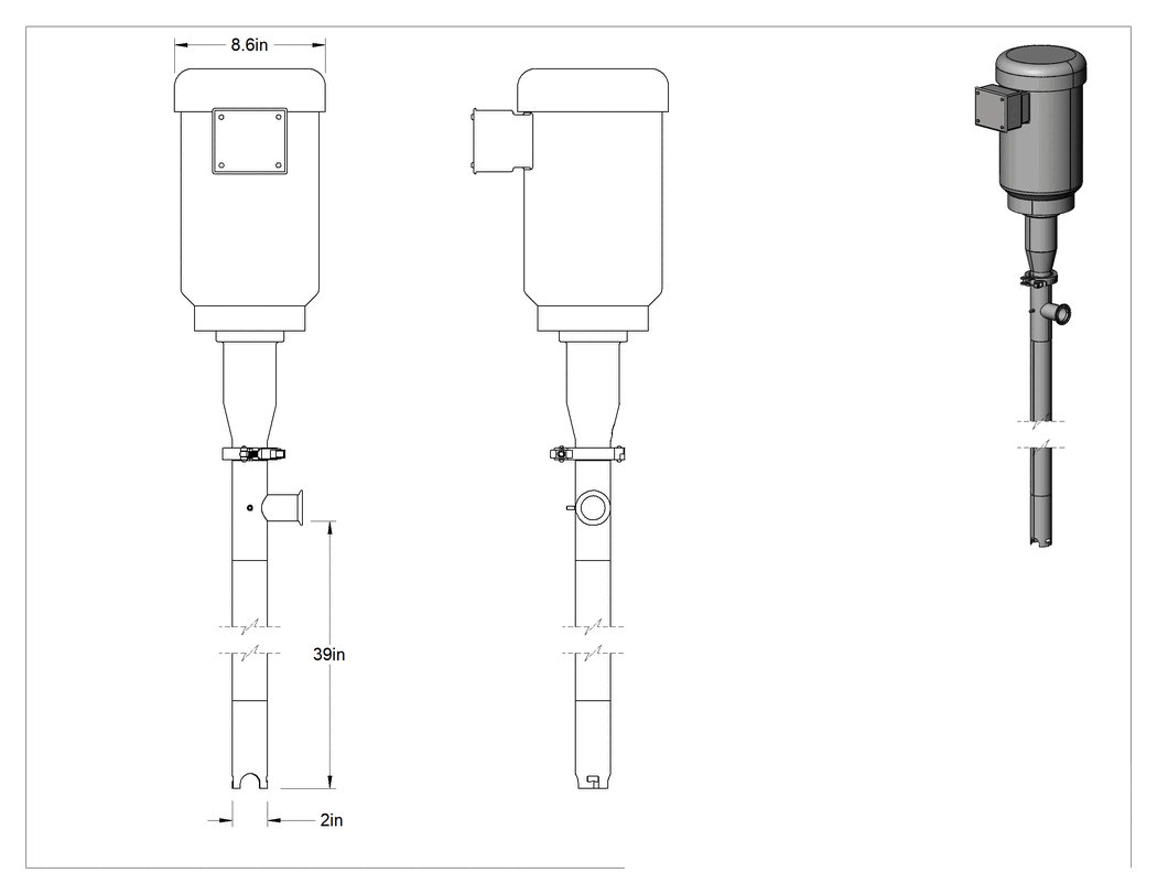 Teknik Çizim - Hijyenik Elektrikli Varil Pompası, Alüminyum Muhafaza, 7 gpm Akış Hızı