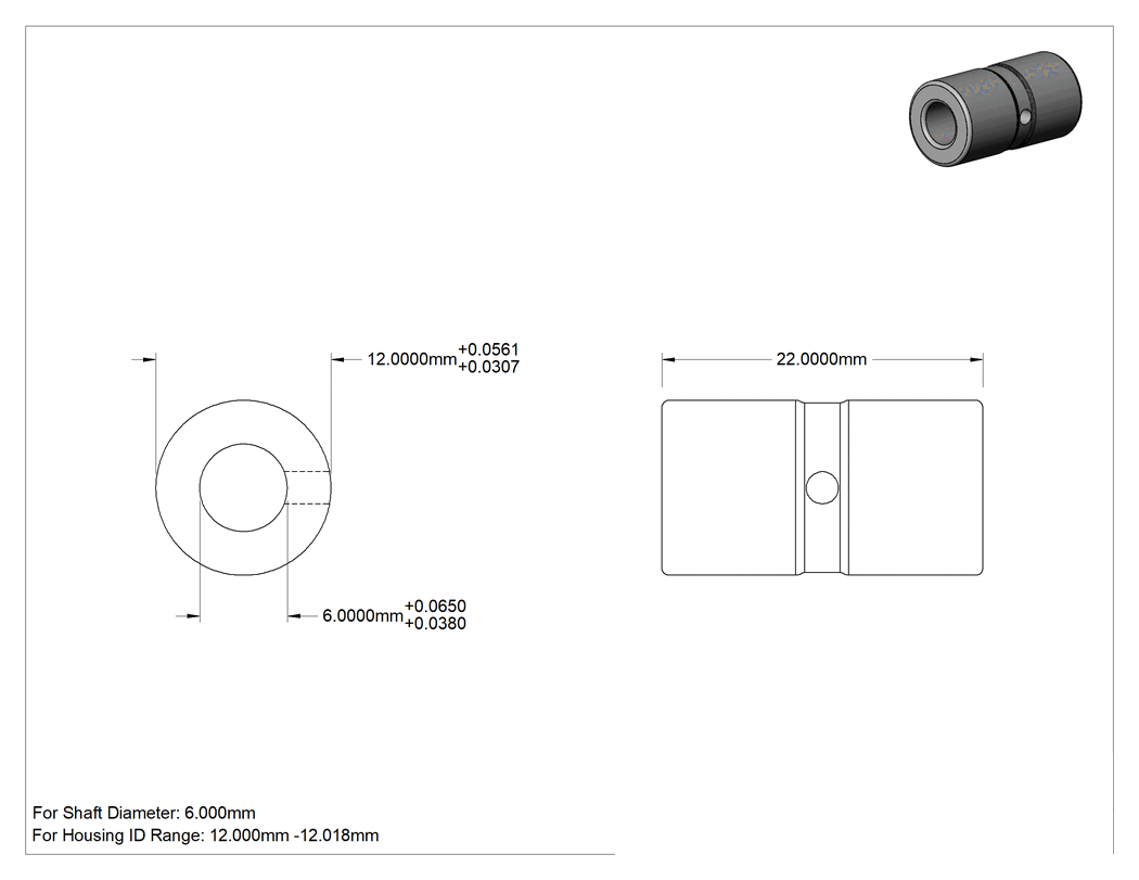 Teknik Çizim - Yüksek Hızlı Ultra İnce Kovanlı Lineer Rulman, 6 mm Mil Çapı için, 22 mm Toplam Uzunluk