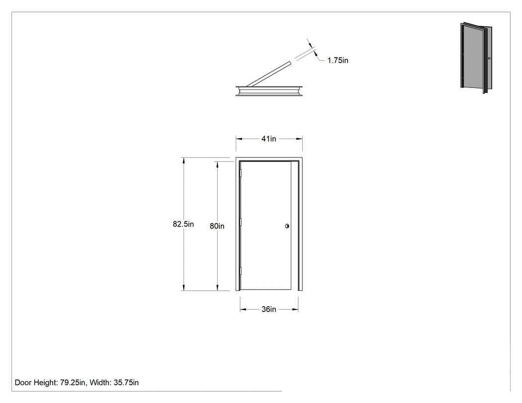 Teknik Çizim - Ses Emici Tek Kapı, Sol Kapı Açılımı için, 36 inç Genişlik x 80 inç Yükseklik Çerçeve Açıklığı