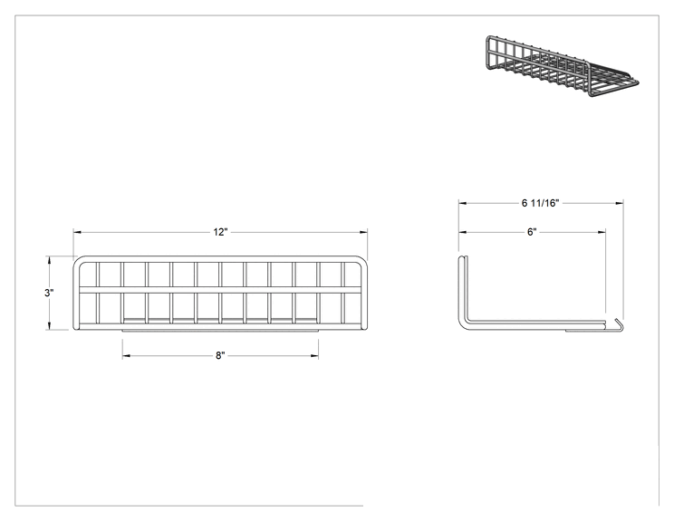 Teknik Çizim - T-Yivli Çerçeve, 1.5" ve 40 mm Yüksekliğinde Tek Raylı Tel Raf, 12" Genişlik