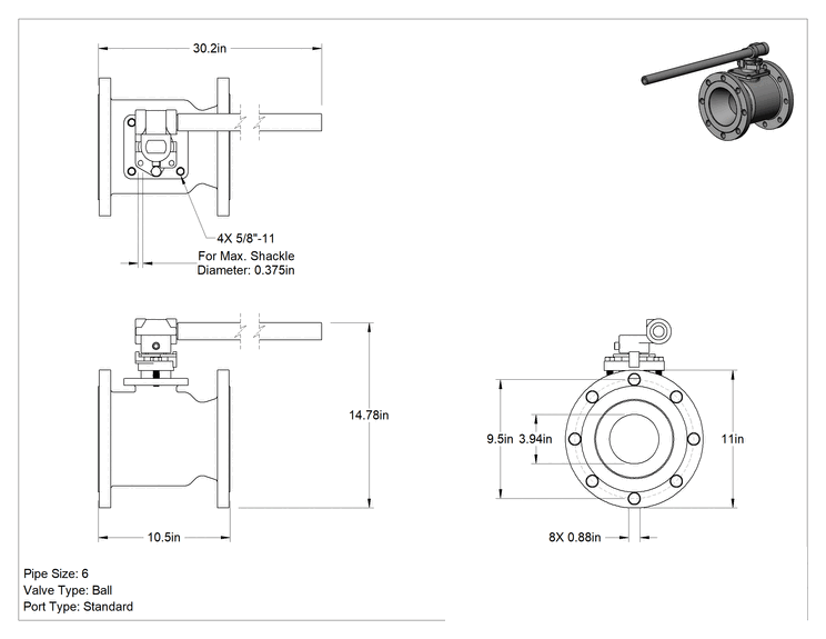 Teknik Çizim - Flanşlı 316 Paslanmaz Çelik Açma/Kapama Vanası, Standart Bağlantı Noktası, 6" Boru Boyutu