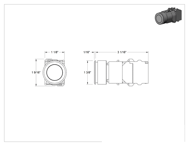 Teknik Çizim - Gömme Montajlı 30 mm Panel Montajlı Basmalı Düğme Anahtarı, Basmalı Sıfırlama Mekanizmalı, 2 Devre, Kalıcı Konumlu, Yeşil