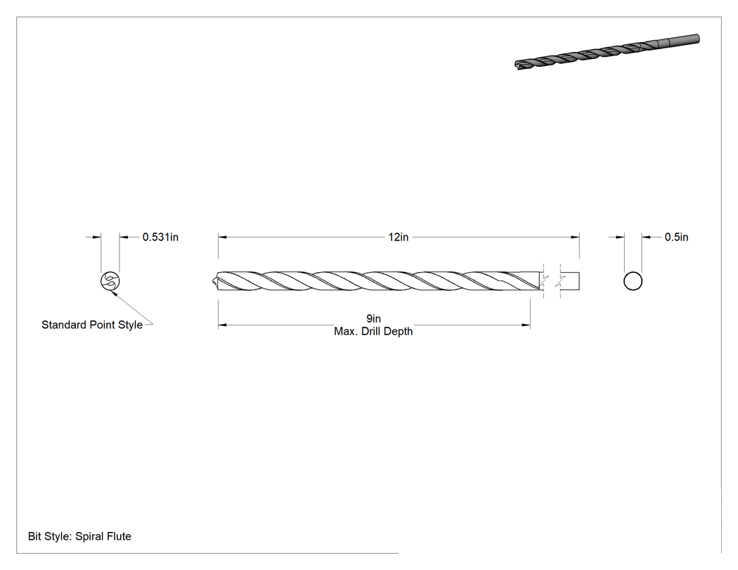 Teknik Çizim - Uzatılmış Uzunluklu 1/2" Çaplı Redüktörlü Şaftlı Matkap Ucu, 17/32" Boyut, 12 inç Toplam Uzunluk