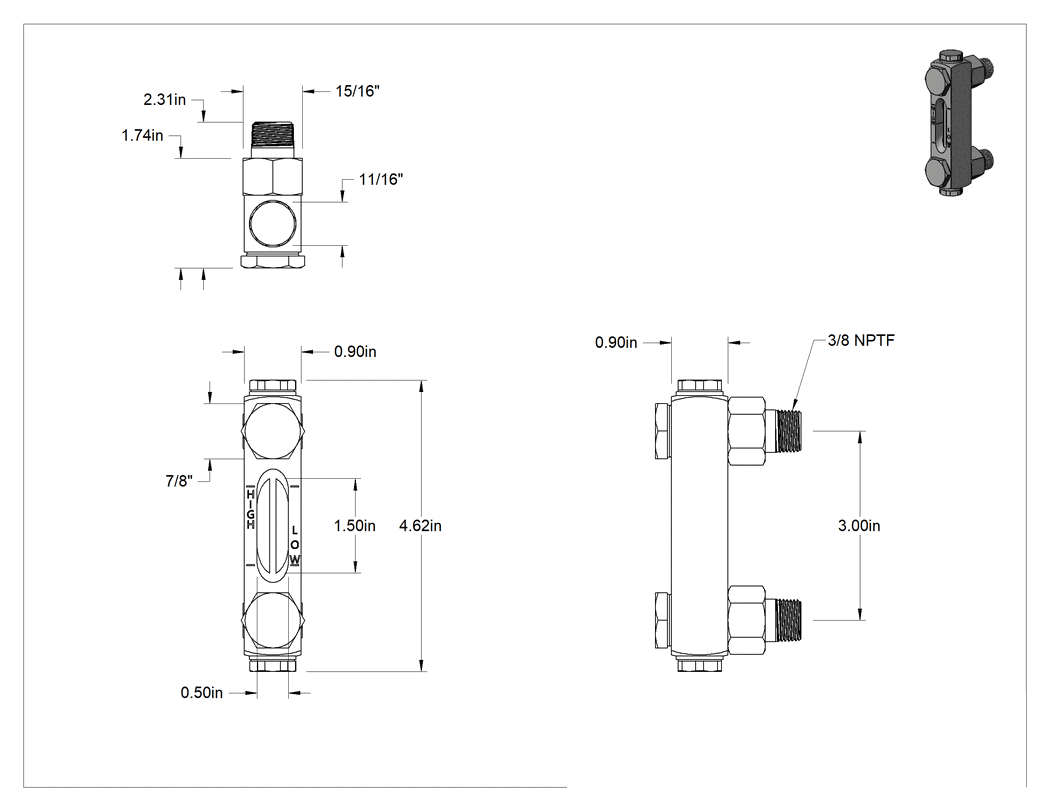 Teknik Çizim - Kimyasal Seviye Göstergesi, Vidalı Montaj, 3/8 NPTF Erkek, 3" Merkezden merkeze
