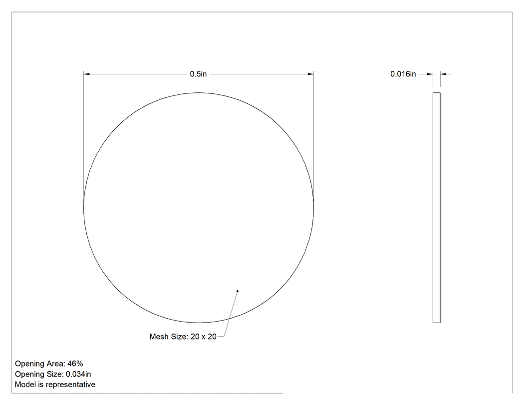 Teknik Çizim - 316 Paslanmaz Çelik Filtre Ağı Diskleri, 1/2" Çap, 20 x 20 Mesh Boyutu