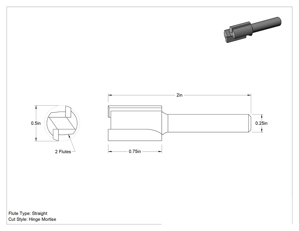 Teknik Çizim - Freze Ucu, Menteşe Gömme Kesim Stili, 1/2" Kesme Çapı