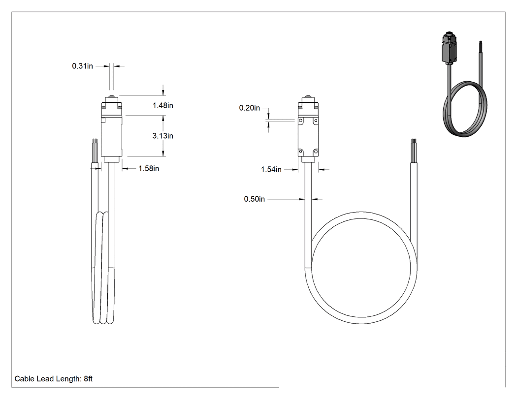 Teknik Çizim - Yıkanabilir Limit Anahtarı, 1.5" Yüksekliğinde Pistonlu Aktüatör, 1 Devre