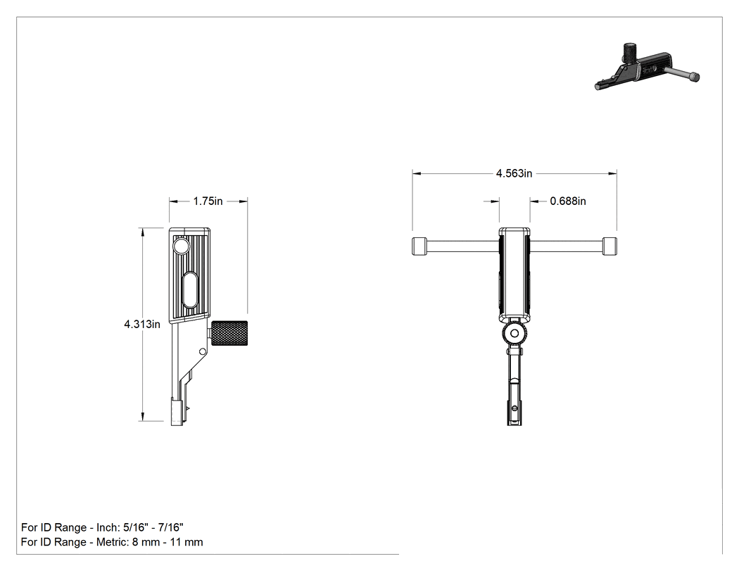 Teknik Çizim - Herhangi Bir Aralıklı İç Dişli Onarım Aleti, 5/16" ila 7/16" ve 8 ila 11 mm İç Çap Aralığı için