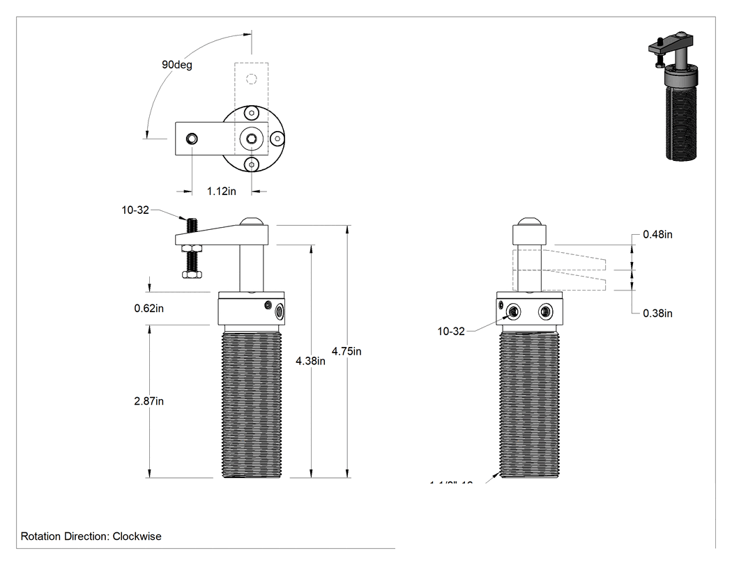 Teknik Çizim - Havalı Sabitleme Fikstürü Kelepçesi, Kaynak için, Dişli, Saat Yönünde, 1-1/8" Uzanma Mesafesi