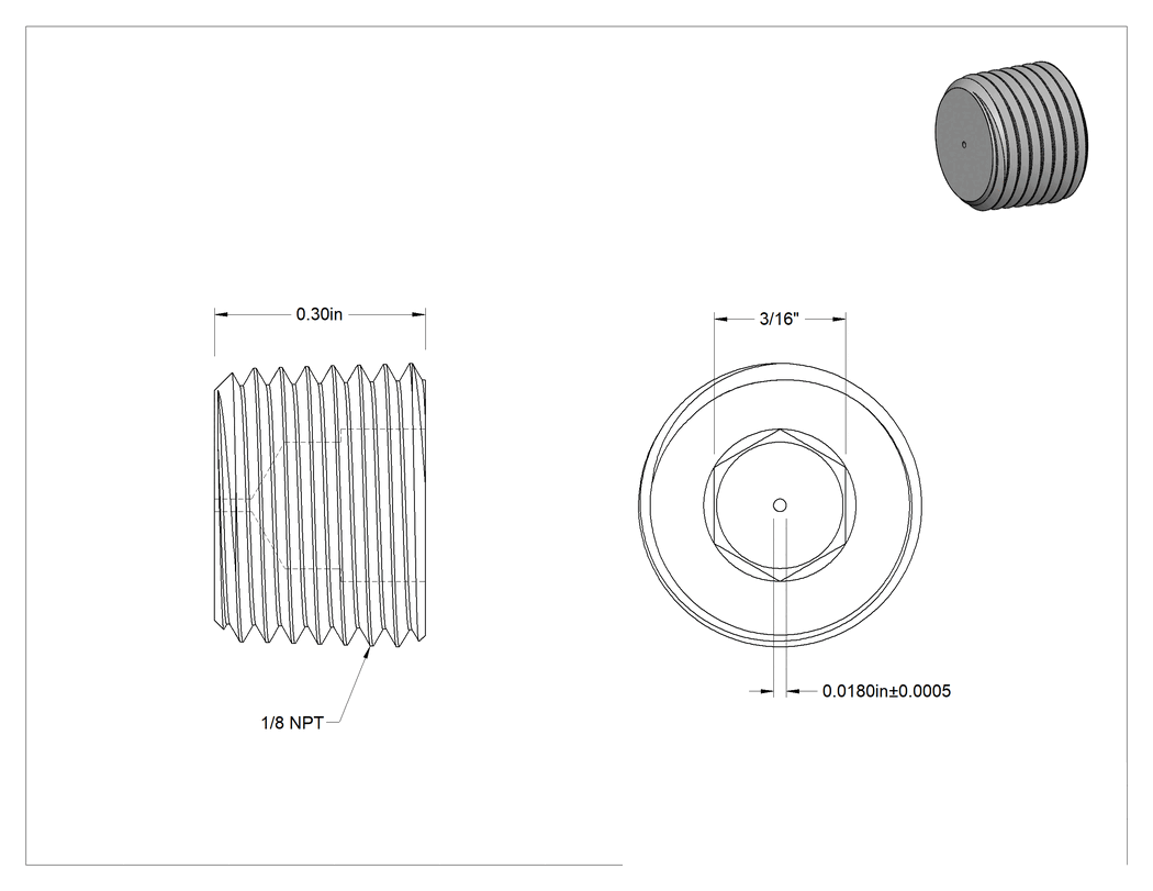 Teknik Çizim - 303 Paslanmaz Çelik Gövdeli Dişli Delikli Vana, Altıgen Soketli Tapa, 1/8 NPT Erkek, 0.018 inç Delik Çapı