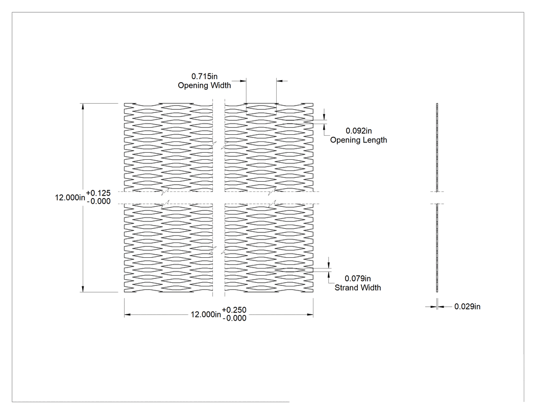 Teknik Çizim - Karbon Çelik Genişletilmiş Panel, Düzleştirilmiş, 12" x 12" x 0.029"